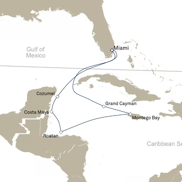 Queen Elizabeth Voyage Q633 itinerary map from Miami, FL, USA to Miami, FL, USA