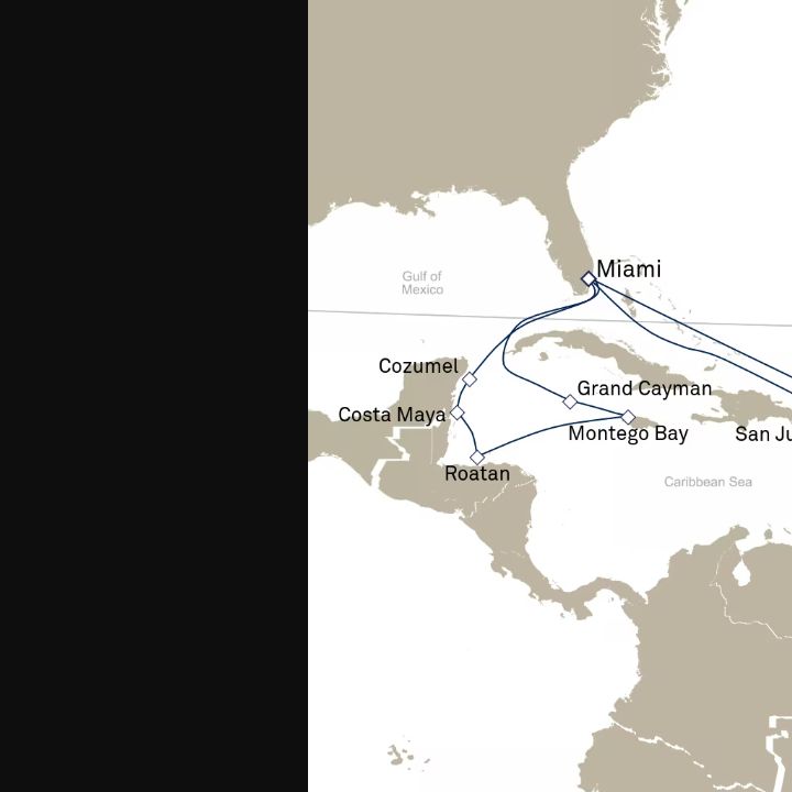 Queen Elizabeth Voyage Q633A itinerary map from Miami, FL, USA to Miami, FL, USA