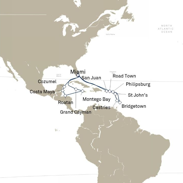 Queen Elizabeth Voyage Q605A itinerary map from Miami, FL, USA to Miami, FL, USA