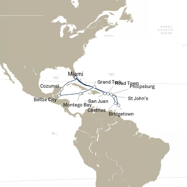 Queen Elizabeth Voyage Q606A itinerary map from Miami, FL, USA to Miami, FL, USA