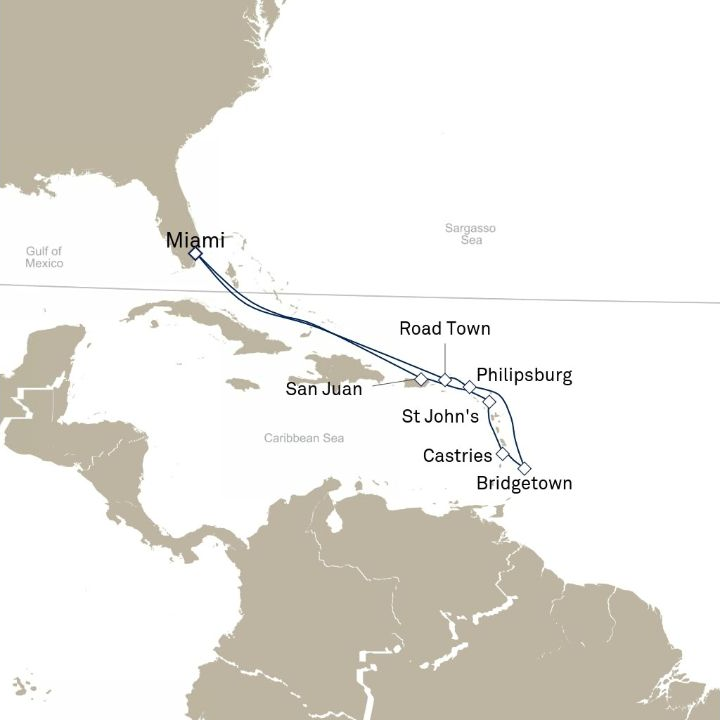 Queen Elizabeth Voyage Q606 itinerary map from Miami, FL, USA to Miami, FL, USA