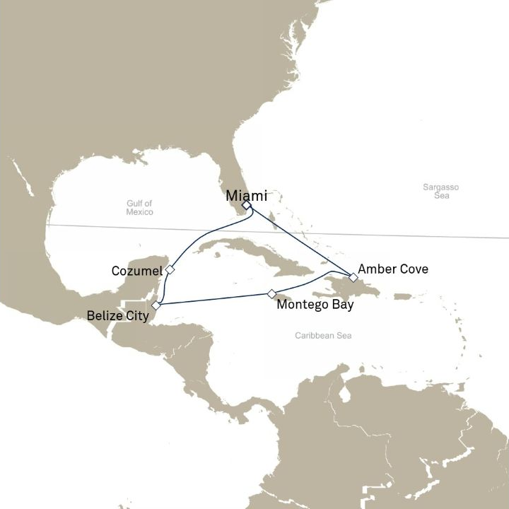 Queen Elizabeth Voyage Q603 itinerary map from Miami, FL, USA to Miami, FL, USA