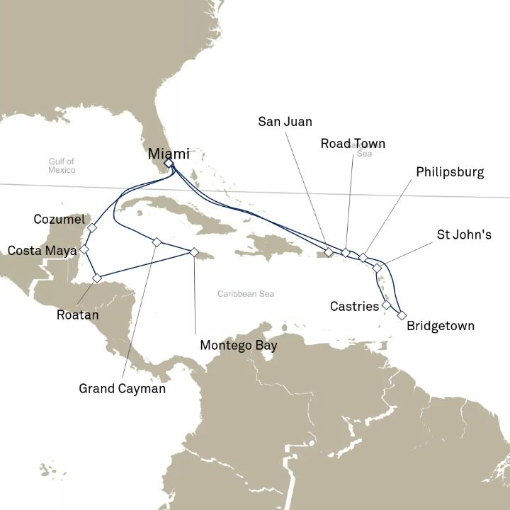 Queen Elizabeth Voyage Q604A itinerary map from Miami, FL, USA to Miami, FL, USA
