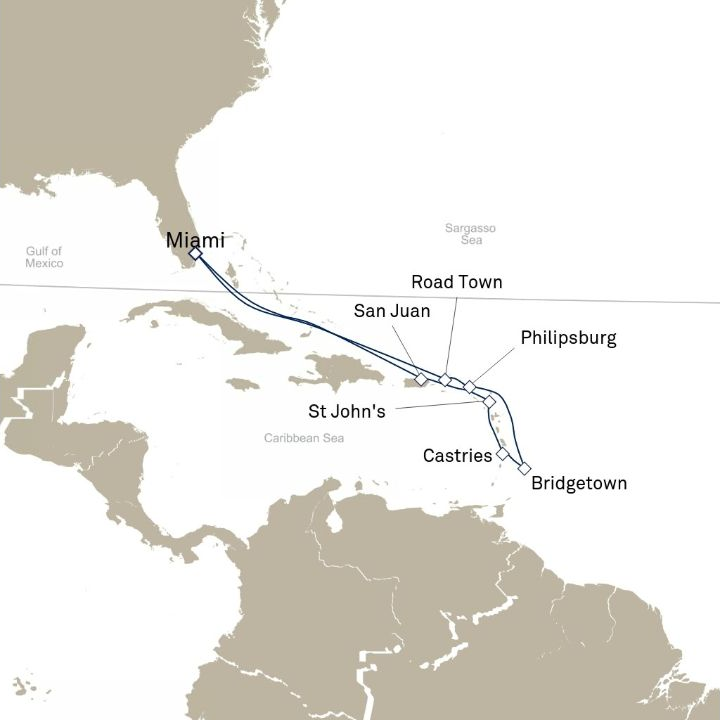 Queen Elizabeth Voyage Q602 itinerary map from Miami, FL, USA to Miami, FL, USA