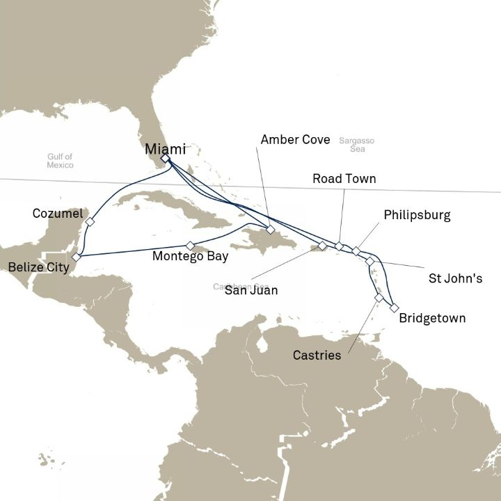 Queen Elizabeth Voyage Q602A itinerary map from Miami, FL, USA to Miami, FL, USA