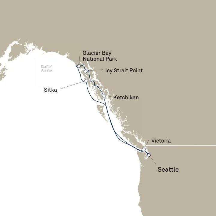 Queen Elizabeth Voyage Q618 itinerary map from Seattle, WA, USA to Seattle, WA, USA