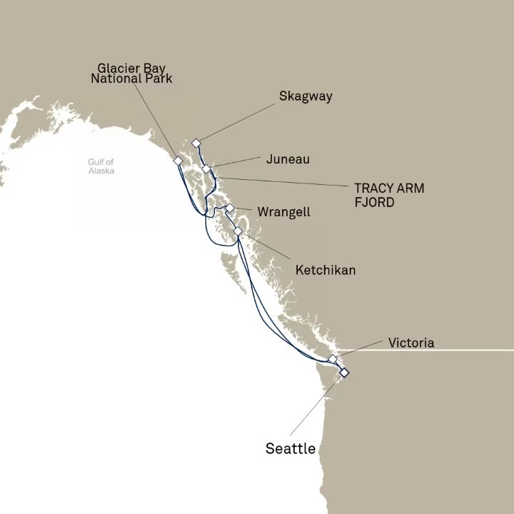 Queen Elizabeth Voyage Q620 itinerary map from Seattle, WA, USA to Seattle, WA, USA