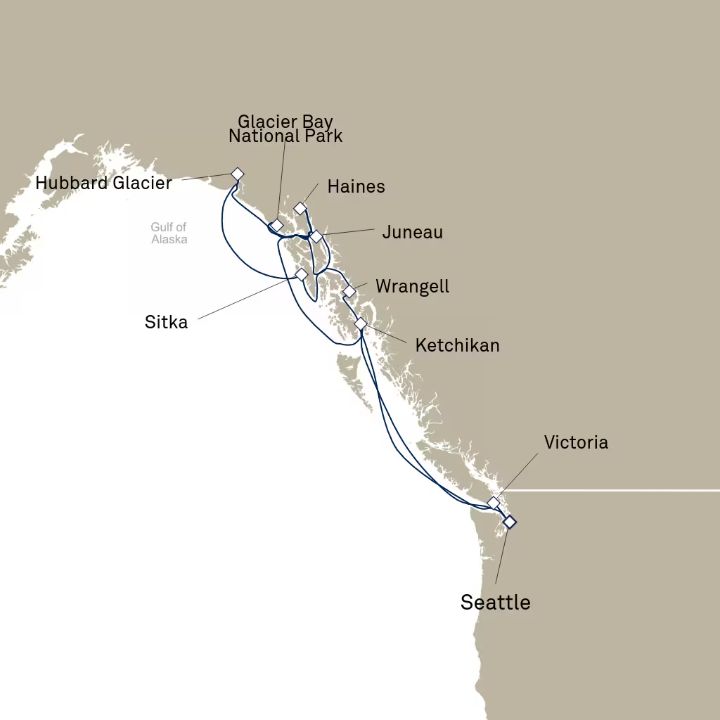 Queen Elizabeth Voyage Q621 itinerary map from Seattle, WA, USA to Seattle, WA, USA