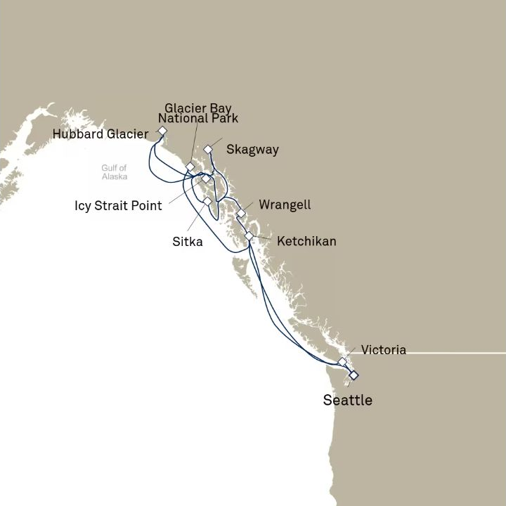 Queen Elizabeth Voyage Q619 itinerary map from Seattle, WA, USA to Seattle, WA, USA