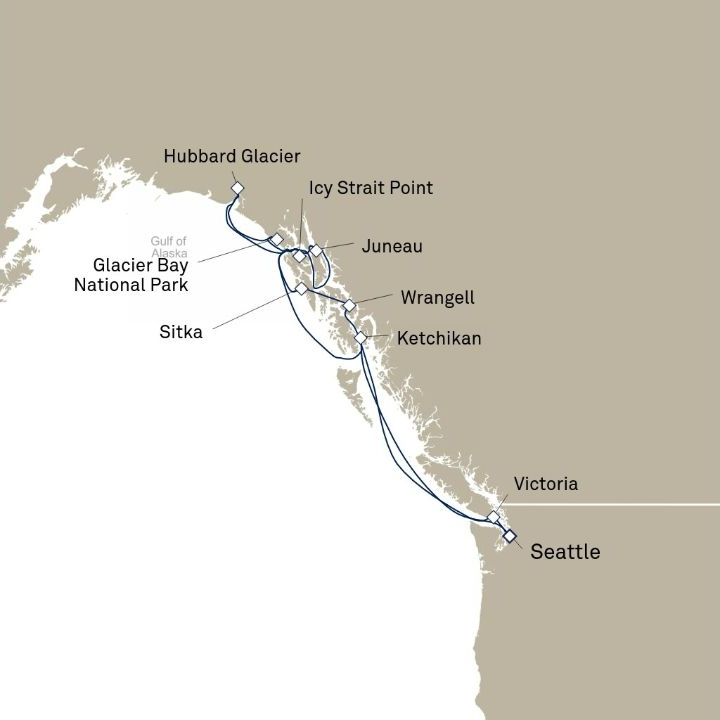 Queen Elizabeth Voyage Q616 itinerary map from Seattle, WA, USA to Seattle, WA, USA