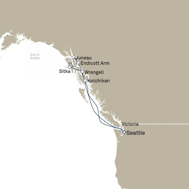 Queen Elizabeth Voyage Q615 itinerary map from Seattle, WA, USA to Seattle, WA, USA