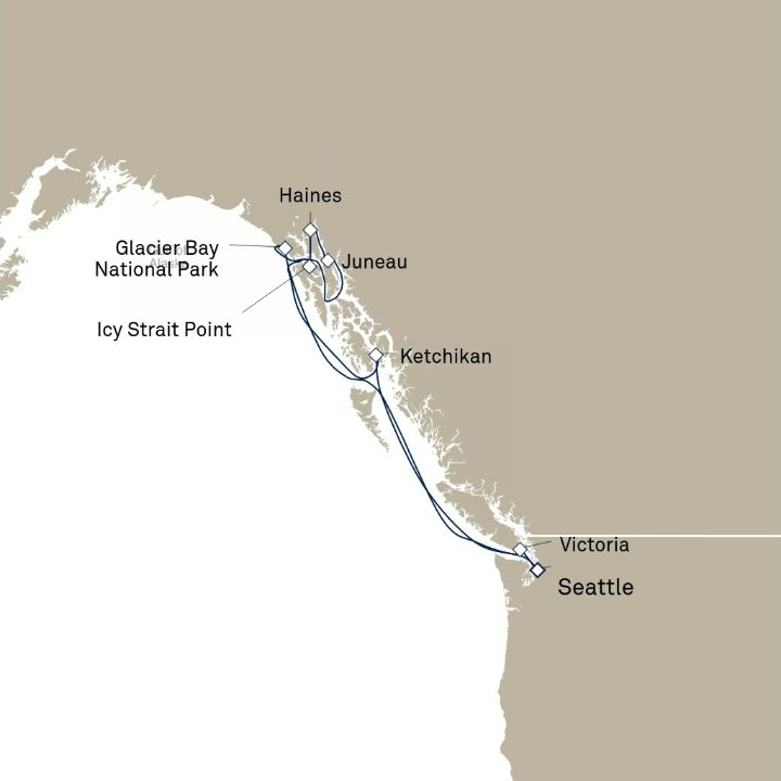 Queen Elizabeth Voyage Q617 itinerary map from Seattle, WA, USA to Seattle, WA, USA