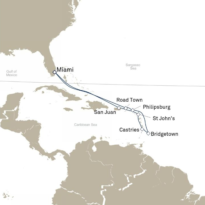 Queen Elizabeth Voyage Q608 itinerary map from Miami, FL, USA to Miami, FL, USA