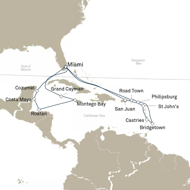 Queen Elizabeth Voyage Q608A itinerary map from Miami, FL, USA to Miami, FL, USA