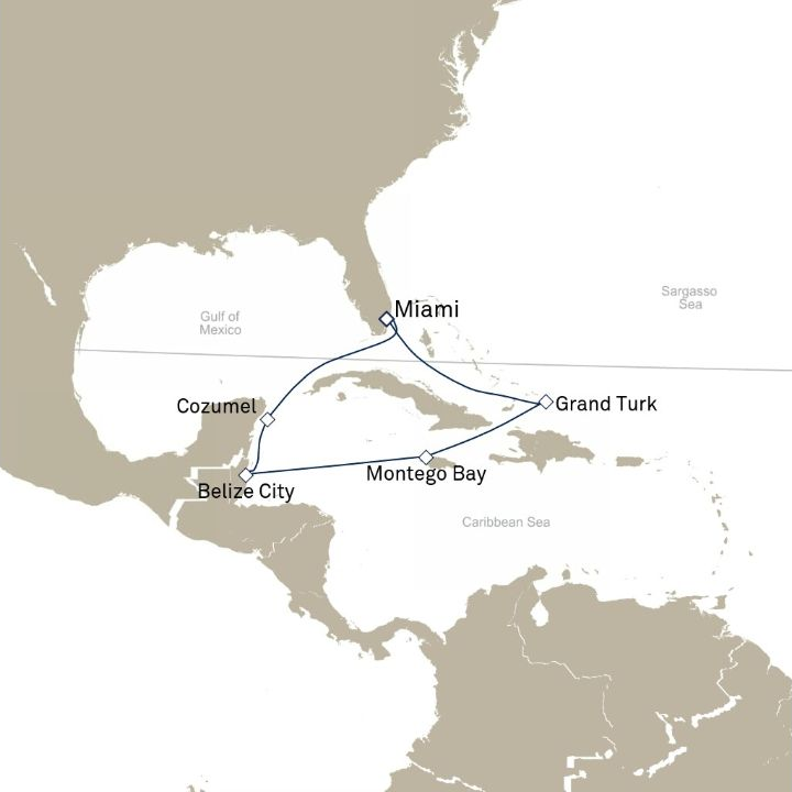 Queen Elizabeth Voyage Q607 itinerary map from Miami, FL, USA to Miami, FL, USA