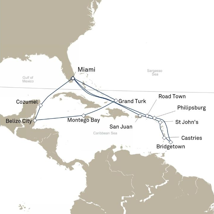 Queen Elizabeth Voyage Q607A itinerary map from Miami, FL, USA to Miami, FL, USA