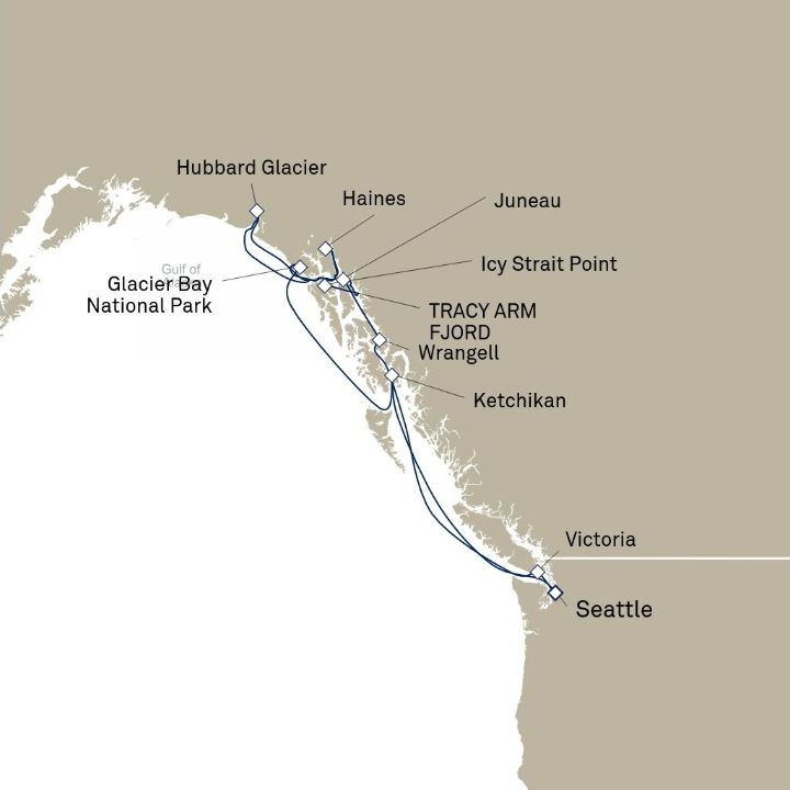 Queen Elizabeth Voyage Q614 itinerary map from Seattle, WA, USA to Seattle, WA, USA