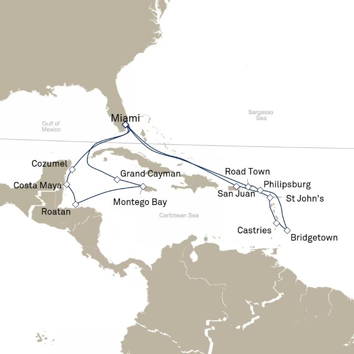 Queen Elizabeth Voyage Q632A itinerary map from Miami, FL, USA to Miami, FL, USA
