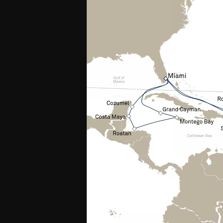 Queen Elizabeth Voyage Q630A itinerary map from Miami, FL, USA to Miami, FL, USA