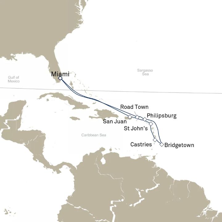 Queen Elizabeth Voyage Q628 itinerary map from Miami, FL, USA to Miami, FL, USA