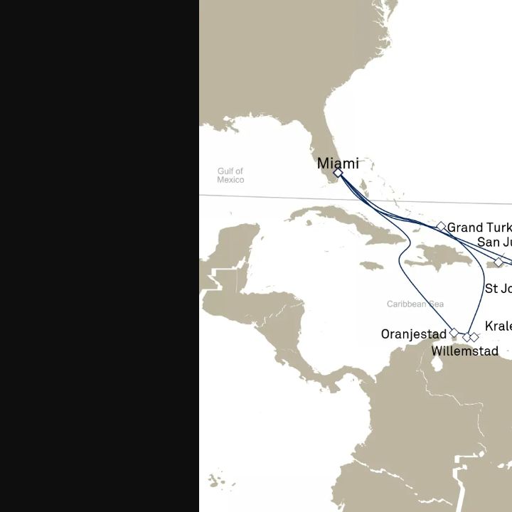 Queen Elizabeth Voyage Q628A itinerary map from Miami, FL, USA to Miami, FL, USA