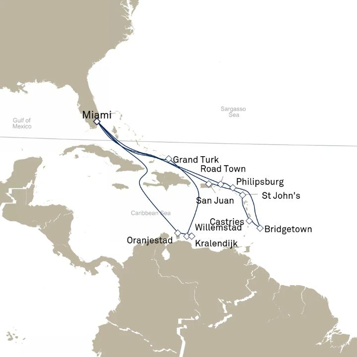Queen Elizabeth Voyage Q629A itinerary map from Miami, FL, USA to Miami, FL, USA