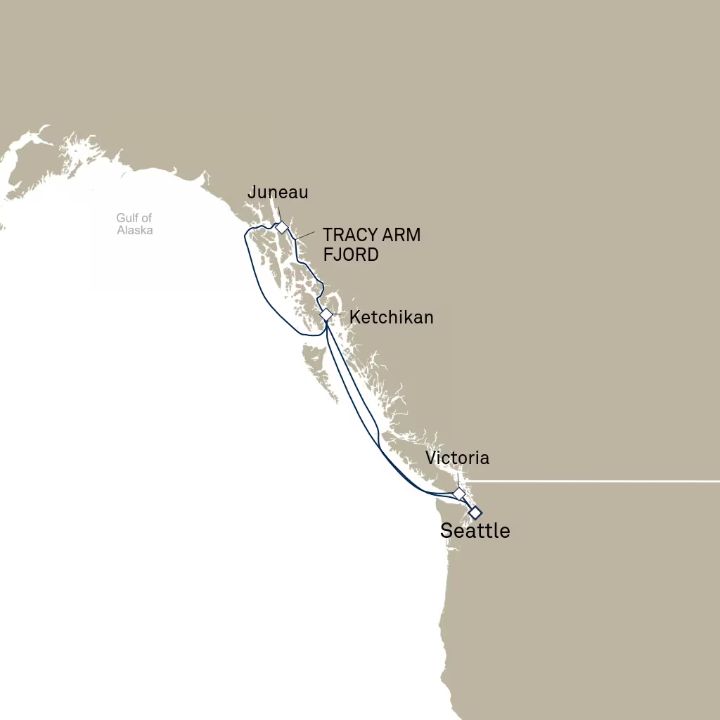 Queen Elizabeth Voyage Q626 itinerary map from Seattle, WA, USA to Seattle, WA, USA