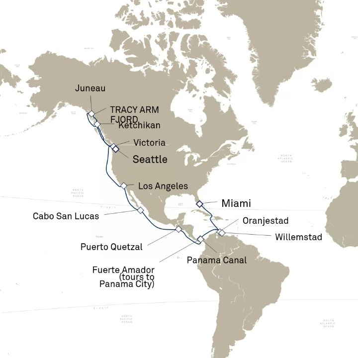 Queen Elizabeth Voyage Q626A itinerary map from Seattle, WA, USA to Miami, FL, USA