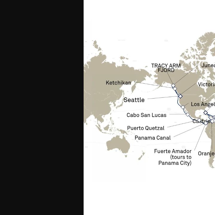 Queen Elizabeth Voyage Q626B itinerary map from Seattle, WA, USA to Miami, FL, USA