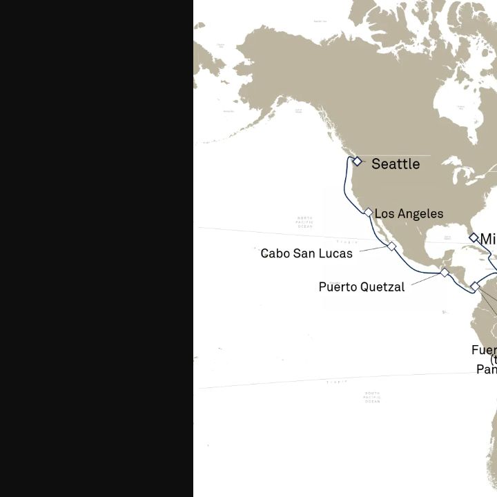 Queen Elizabeth Voyage Q627 itinerary map from Seattle, WA, USA to Miami, FL, USA