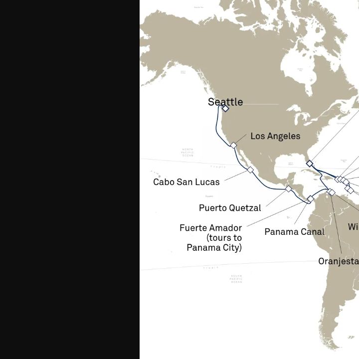 Queen Elizabeth Voyage Q627A itinerary map from Seattle, WA, USA to Miami, FL, USA