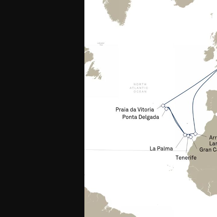Queen Elizabeth Voyage Q709Q itinerary map from Southampton, England, UK to Southampton, England, UK