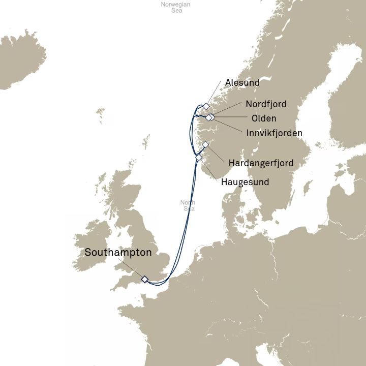 Queen Elizabeth Voyage Q709R itinerary map from Southampton, England, UK to Southampton, England, UK
