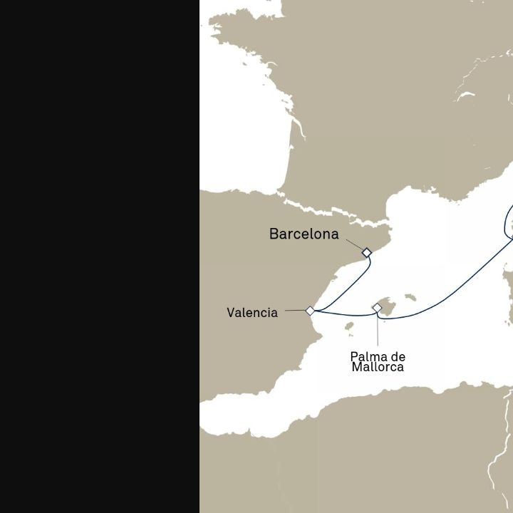 Queen Elizabeth Voyage Q717C itinerary map from Civitavecchia (tours to Rome), Italy to Barcelona, Spain