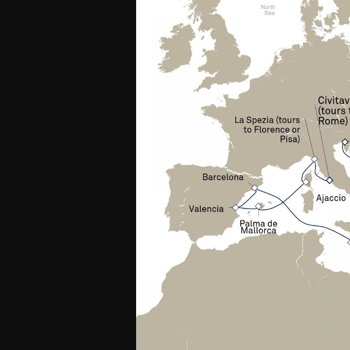 Queen Elizabeth Voyage Q717D itinerary map from Civitavecchia (tours to Rome), Italy to Trieste, Italy