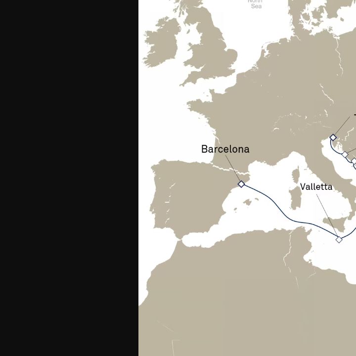 Queen Elizabeth Voyage Q718A itinerary map from Barcelona, Spain to Trieste, Italy