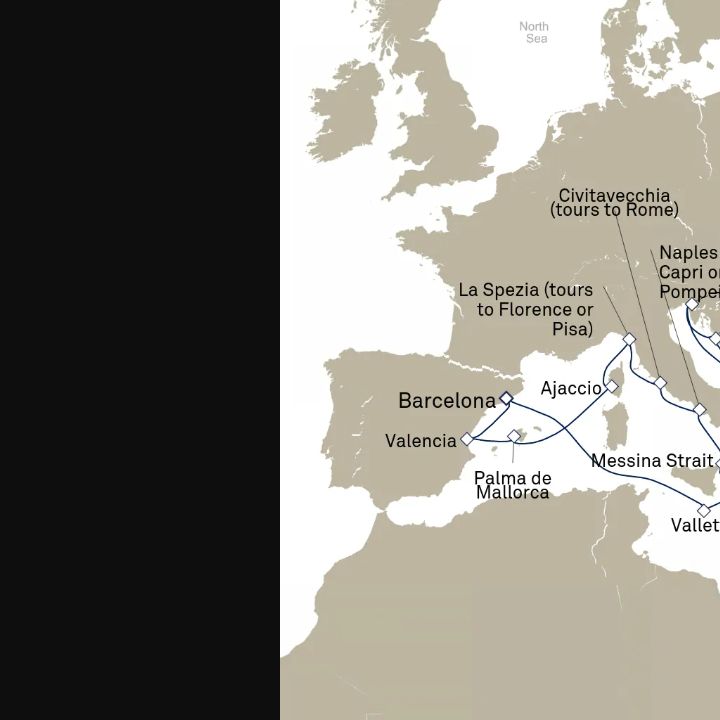 Queen Elizabeth Voyage Q718B itinerary map from Barcelona, Spain to Barcelona, Spain