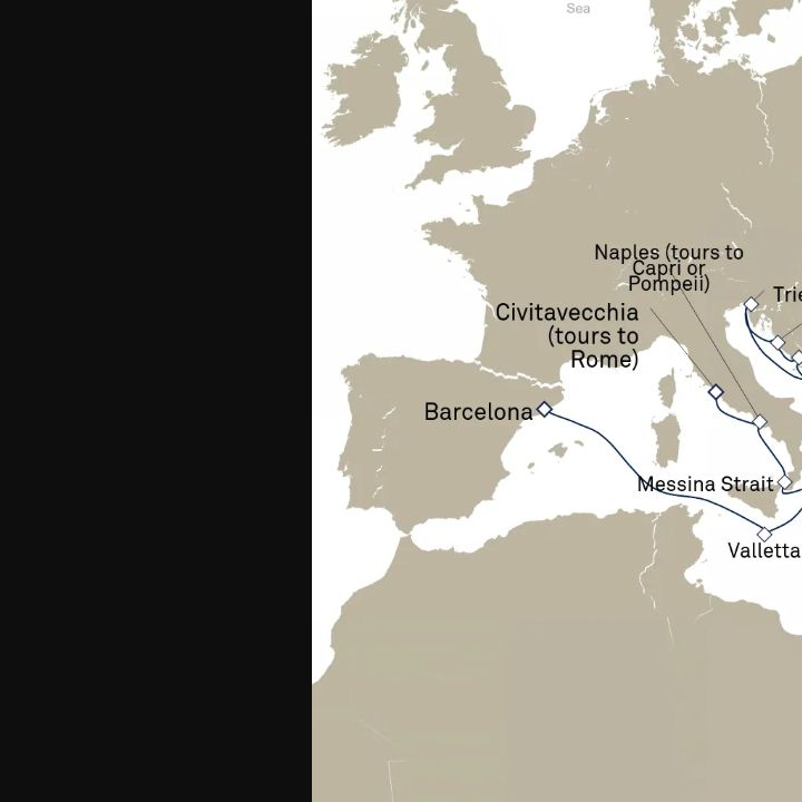 Queen Elizabeth Voyage Q718 itinerary map from Barcelona, Spain to Civitavecchia (tours to Rome), Italy