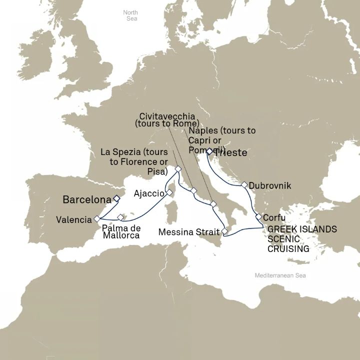 Queen Elizabeth Voyage Q718D itinerary map from Trieste, Italy to Barcelona, Spain