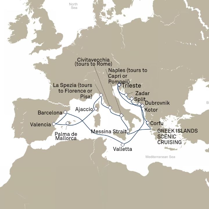 Queen Elizabeth Voyage Q718E itinerary map from Trieste, Italy to Trieste, Italy