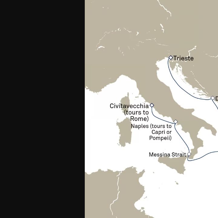 Queen Elizabeth Voyage Q718C itinerary map from Trieste, Italy to Civitavecchia (tours to Rome), Italy