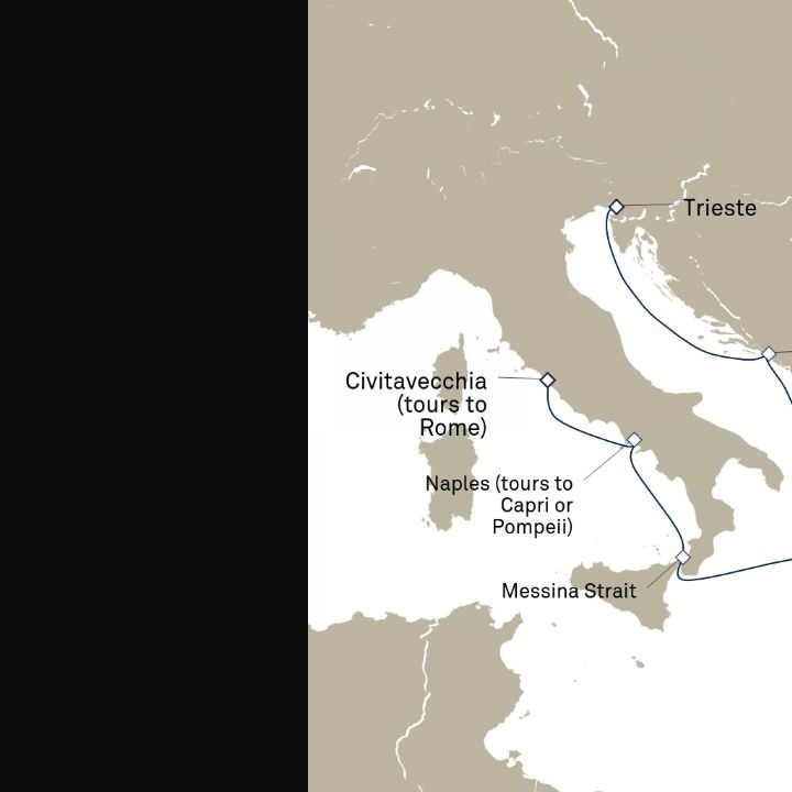 Queen Elizabeth Voyage Q717A itinerary map from Trieste, Italy to Civitavecchia (tours to Rome), Italy