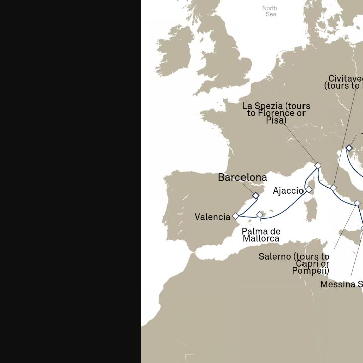 Queen Elizabeth Voyage Q717 itinerary map from Trieste, Italy to Barcelona, Spain