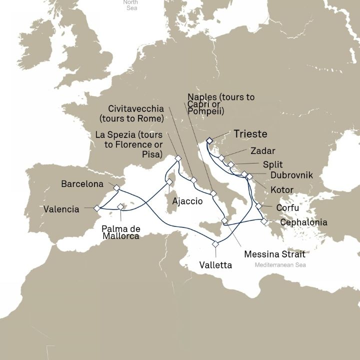 Queen Elizabeth Voyage Q717B itinerary map from Trieste, Italy to Trieste, Italy