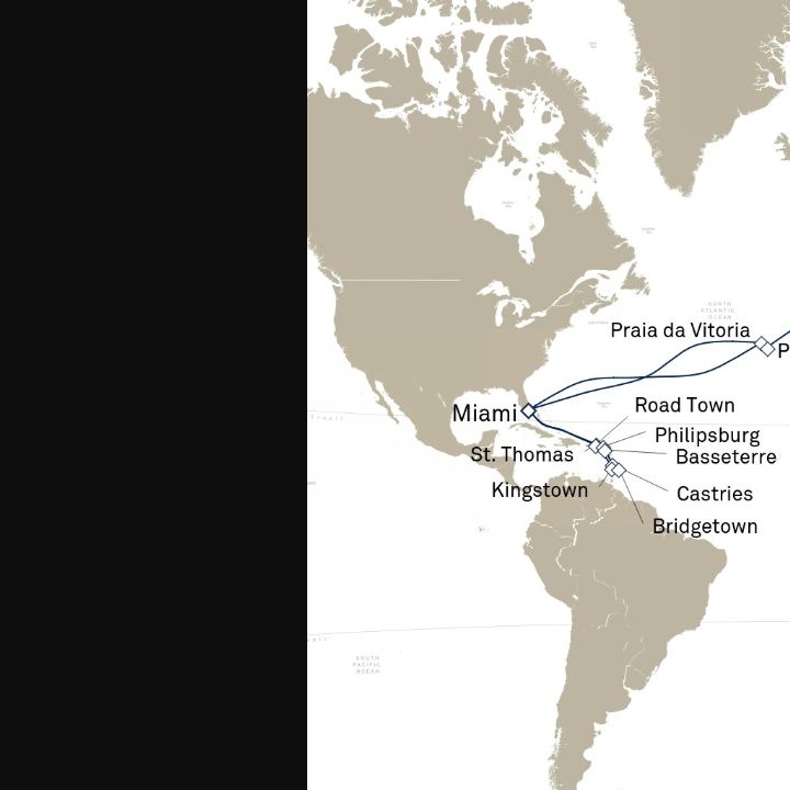 Queen Elizabeth Voyage Q801A itinerary map from Miami, FL, USA to Southampton, England, UK