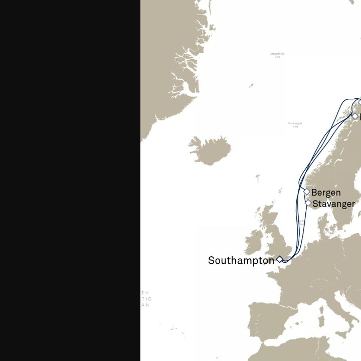 Queen Elizabeth Voyage Q707N itinerary map from Southampton, England, UK to Southampton, England, UK