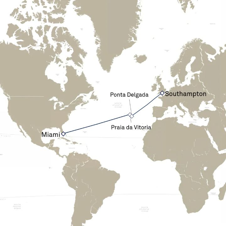 Queen Elizabeth Voyage Q702N itinerary map from Miami, FL, USA to Southampton, England, UK