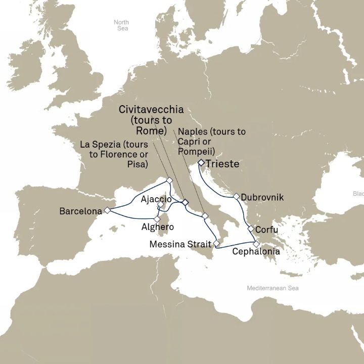 Queen Elizabeth Voyage Q715D itinerary map from Trieste, Italy to Civitavecchia (tours to Rome), Italy