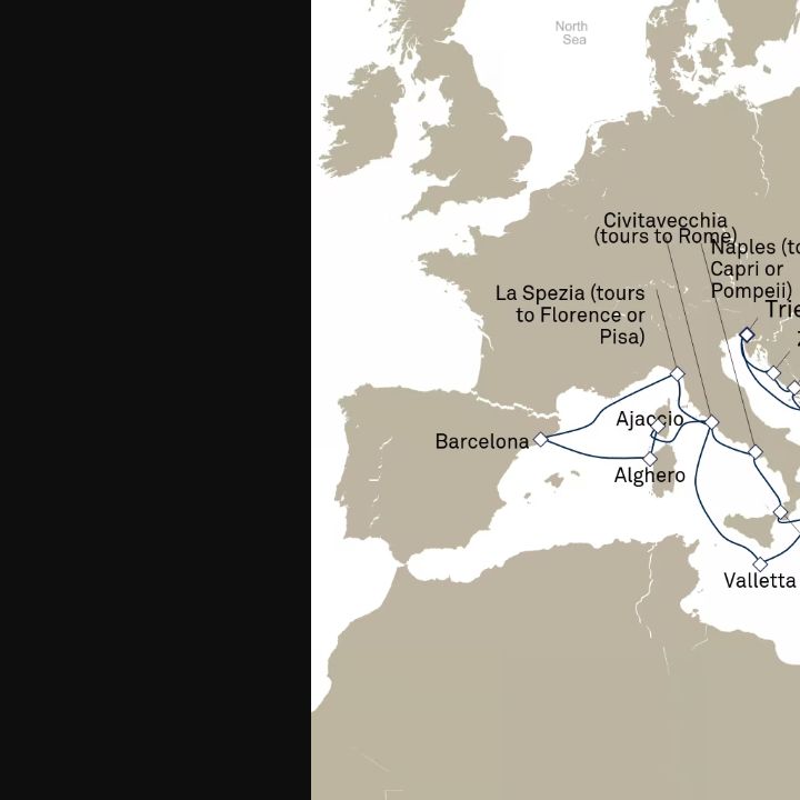 Queen Elizabeth Voyage Q715E itinerary map from Trieste, Italy to Trieste, Italy