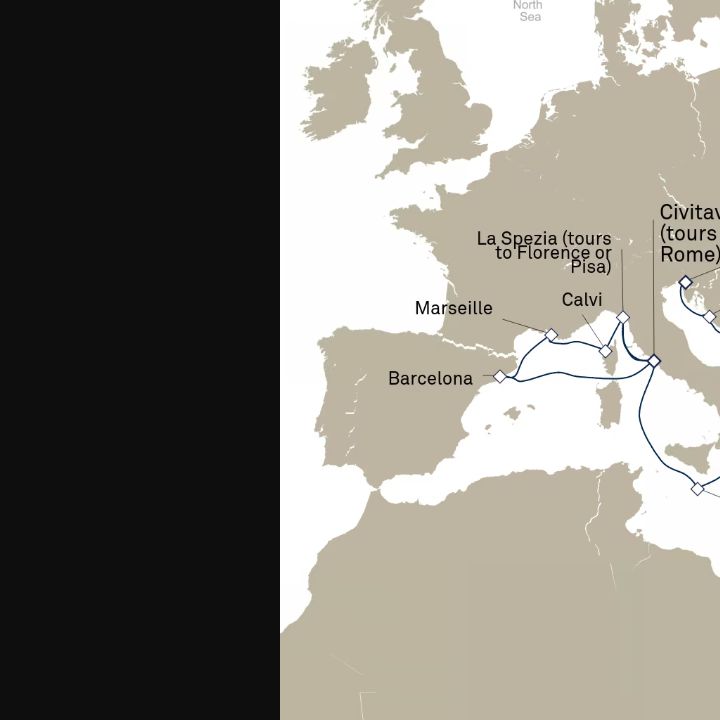 Queen Elizabeth Voyage Q714D itinerary map from Civitavecchia (tours to Rome), Italy to Trieste, Italy